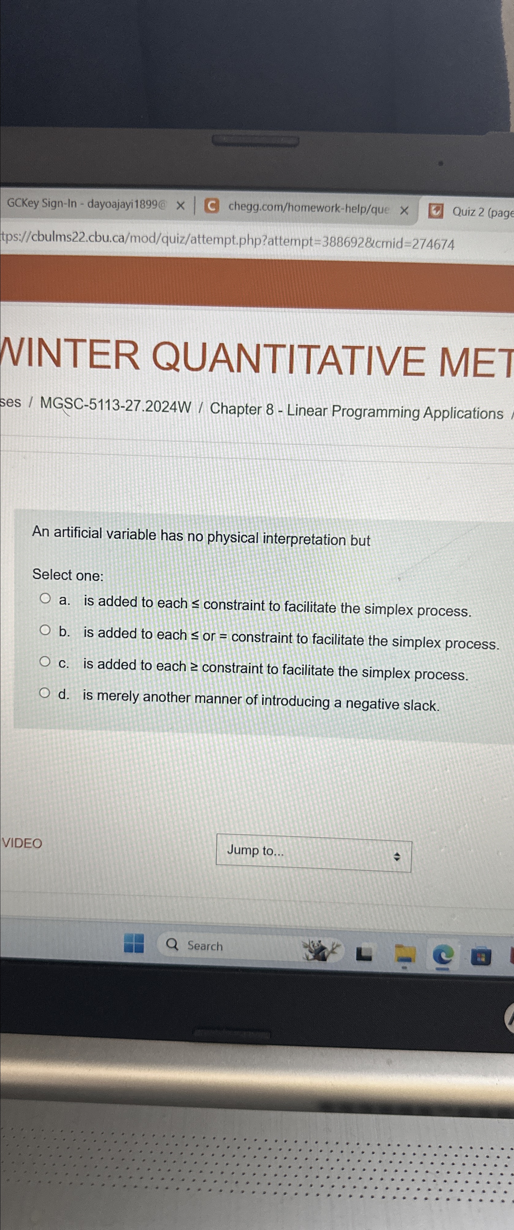  VINTER QUANTITATIVE MET ses / MGSC-5113-27.2024W / Chapter 8- Linear Programming