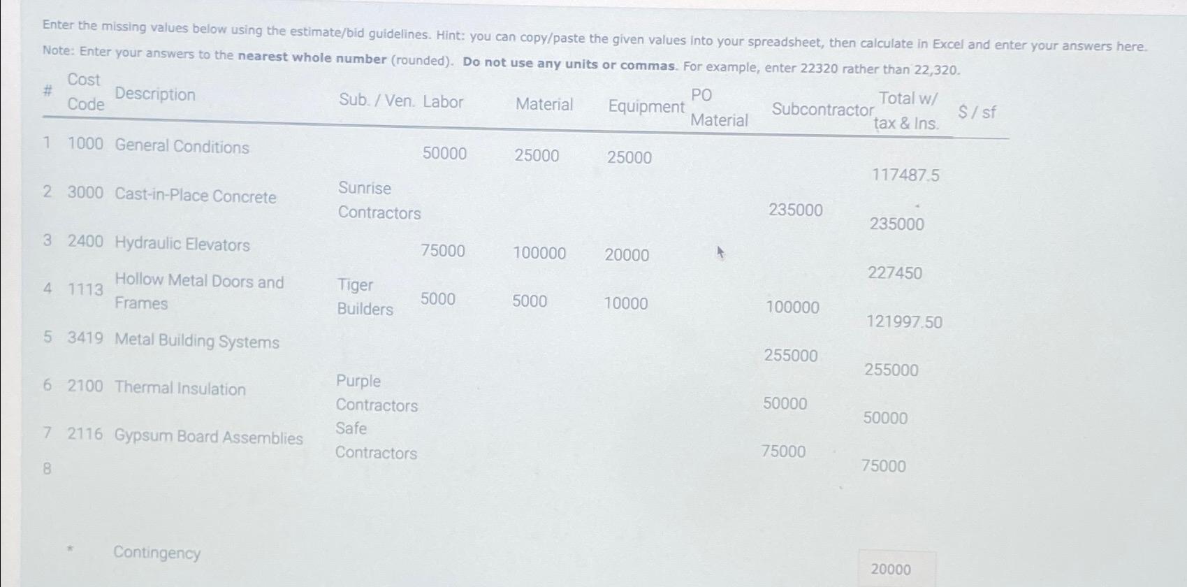  Enter the missing values below using the estimate/bid guidelines. Hint: you