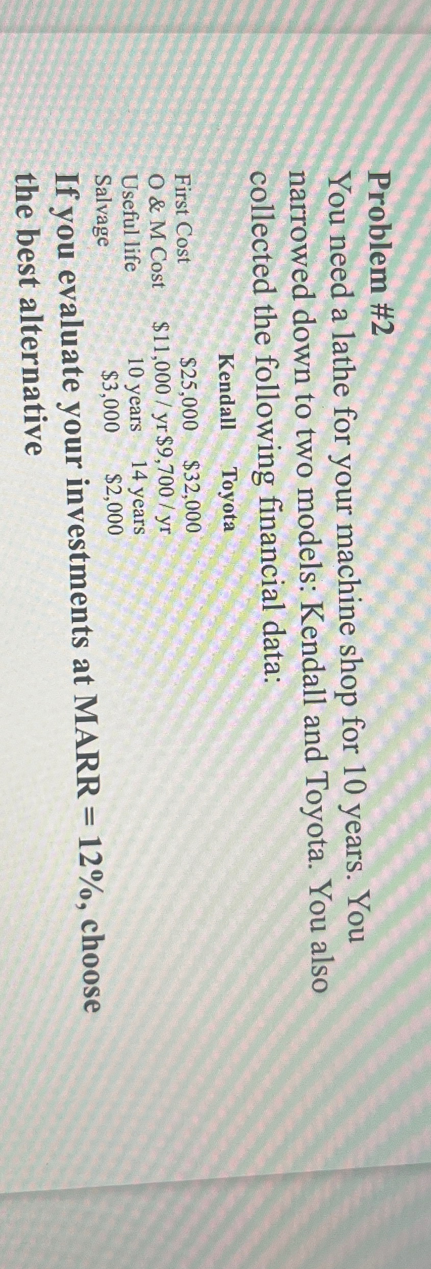  Problem #2 You need a lathe for your machine shop for