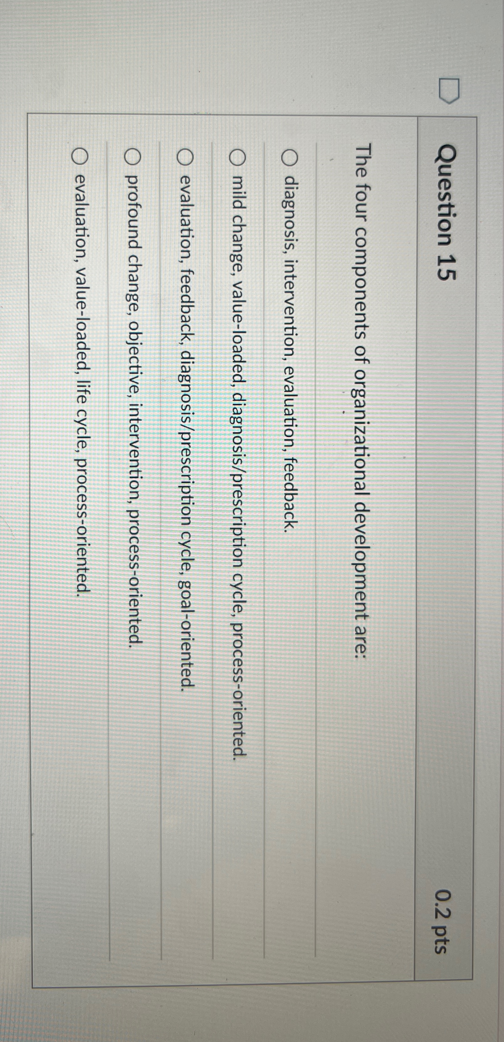  Question 15 0.2pts The four components of organizational development are: diagnosis,