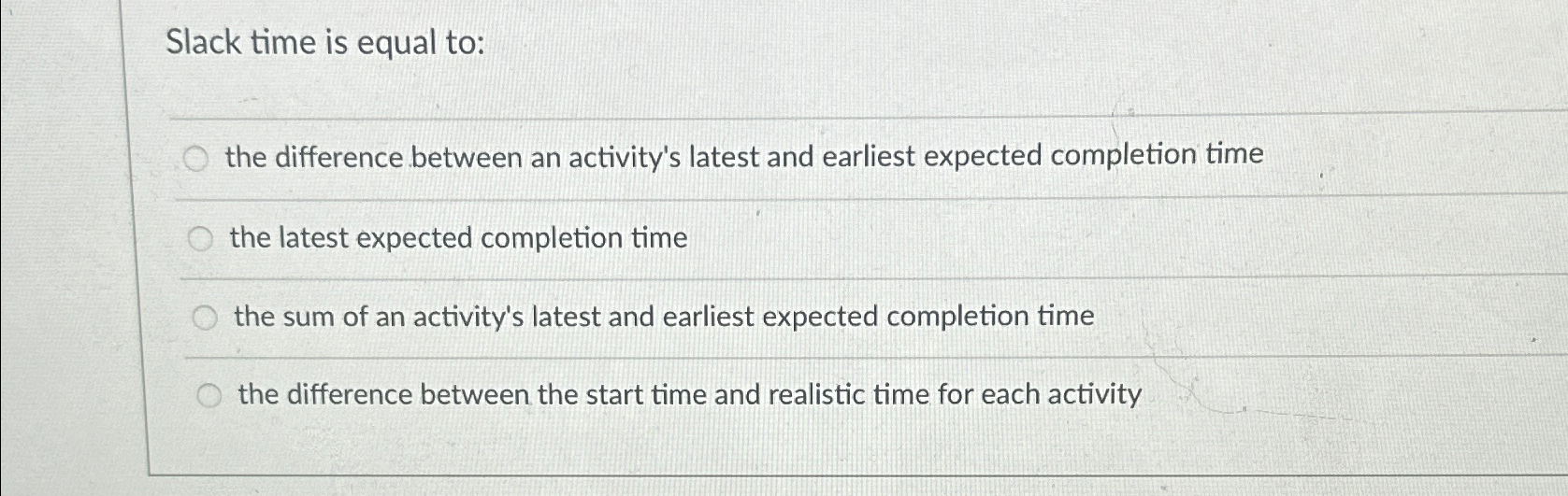  Slack time is equal to: the difference between an activity's latest