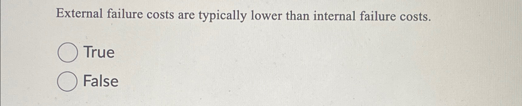  External failure costs are typically lower than internal failure costs. True