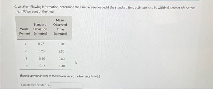  Given the following information, determine the sample size needed if the
