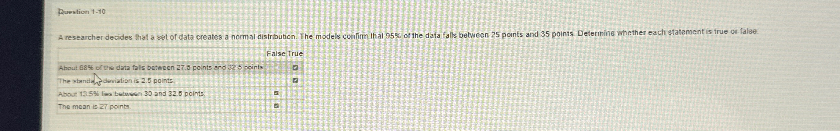  Question 1-10 \table[[About 68% of the data falls between 27.5 points