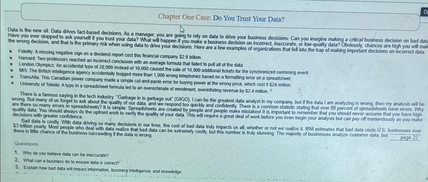  Chapter One Case: Do You Trust Your Data? Data is the