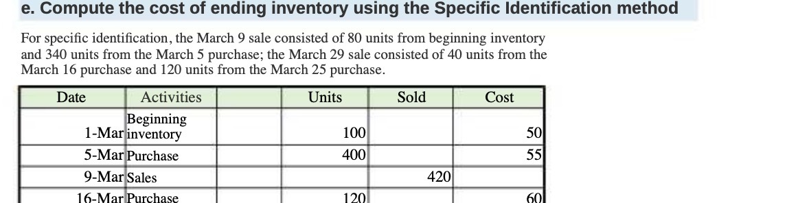 e. Compute the cost of ending inventory using the Specific Identification