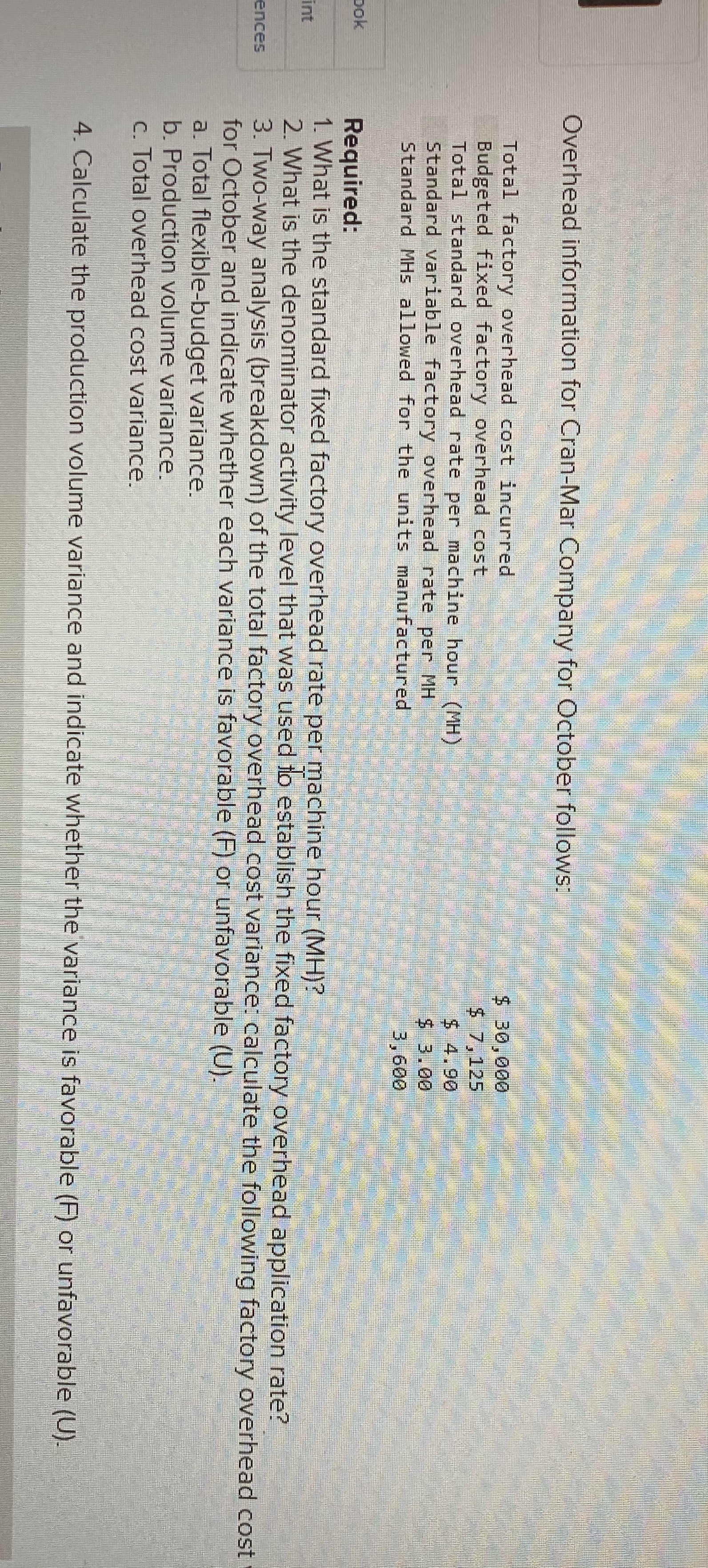 Please show me the functions necessary Overhead information for Cran-Mar Company for