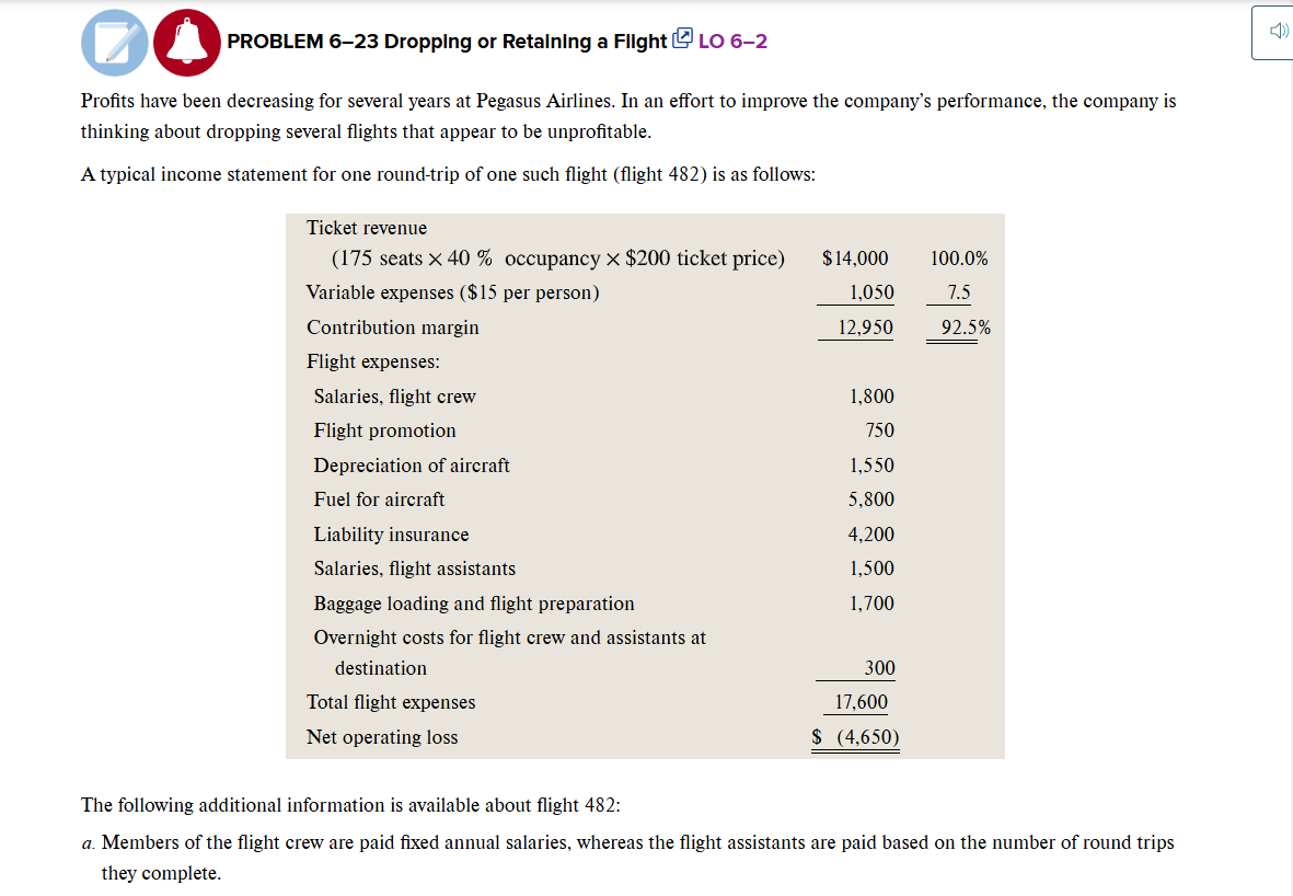  0 PROBLEM 6-23 Dropping or Retalning a Flight LO 6-2 Profits