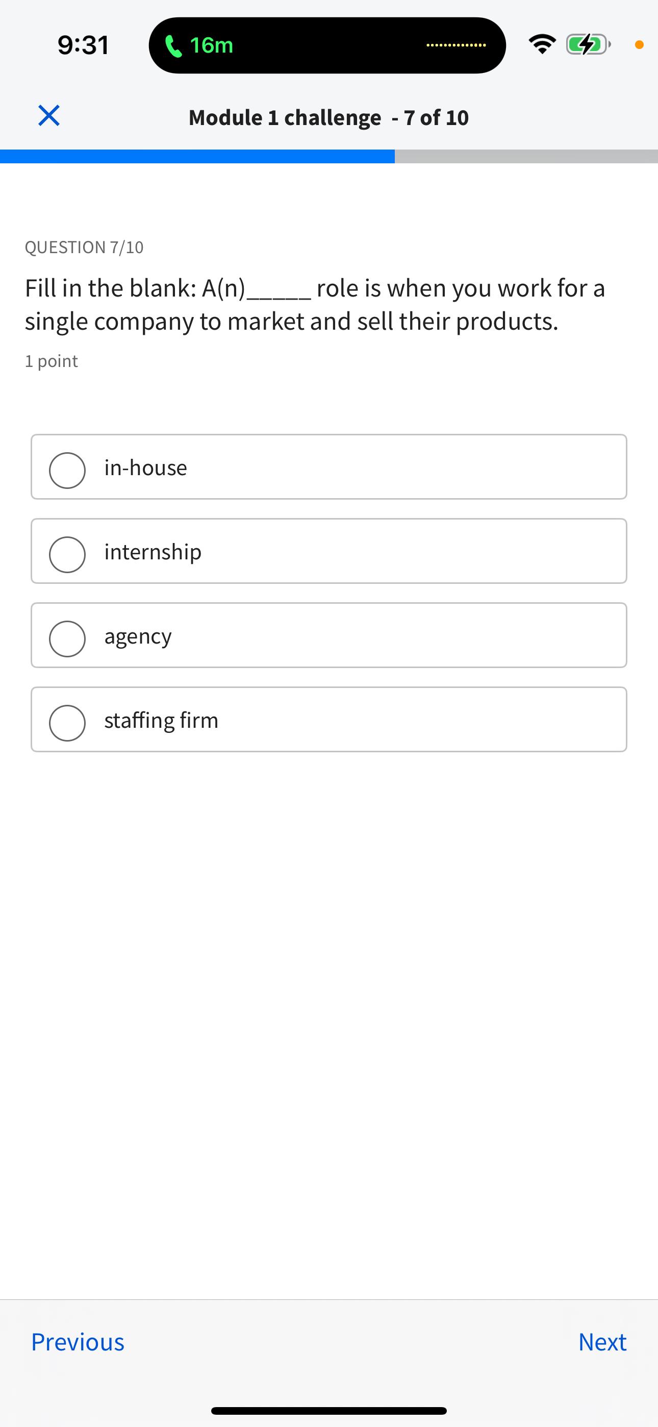  9:31 16m Module 1 challenge -7 of 10 QUESTION 7/10 Fill