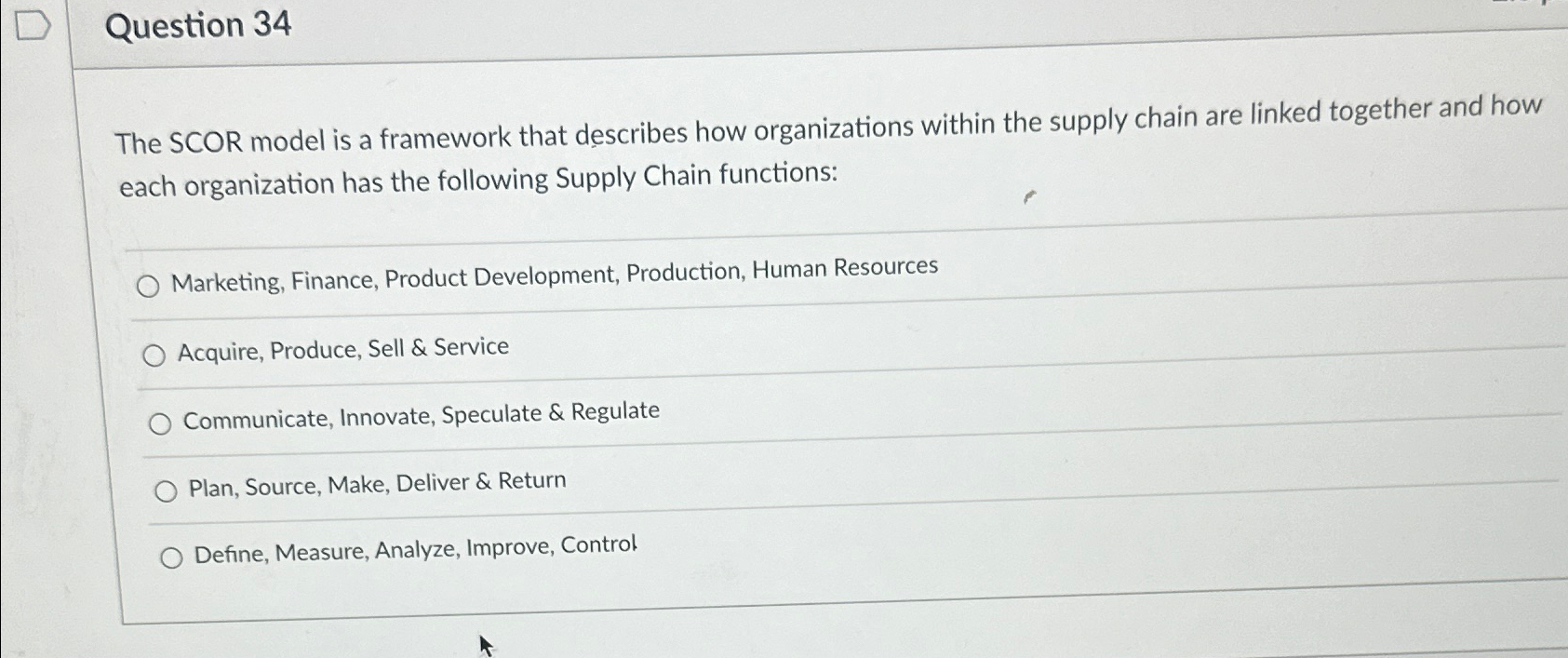  Question 34 The SCOR model is a framework that describes how