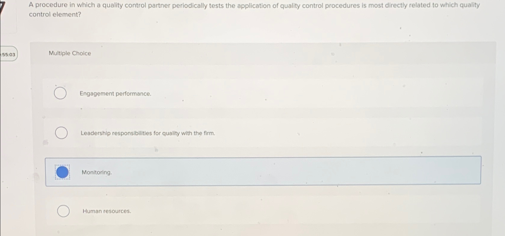  A procedure in which a quality control partner periodically tests the