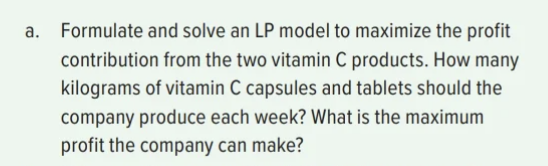  a. Formulate and solve an LP model to maximize the profit