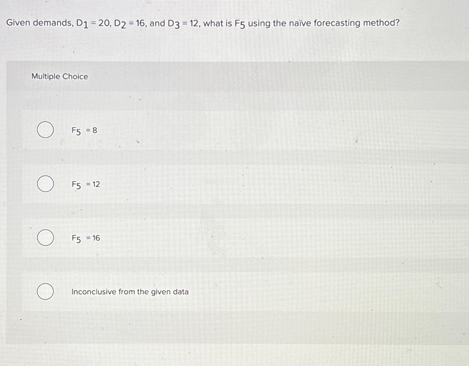  Given demands, D1=20,D2=16, and D3=12, what is F5 using the naive