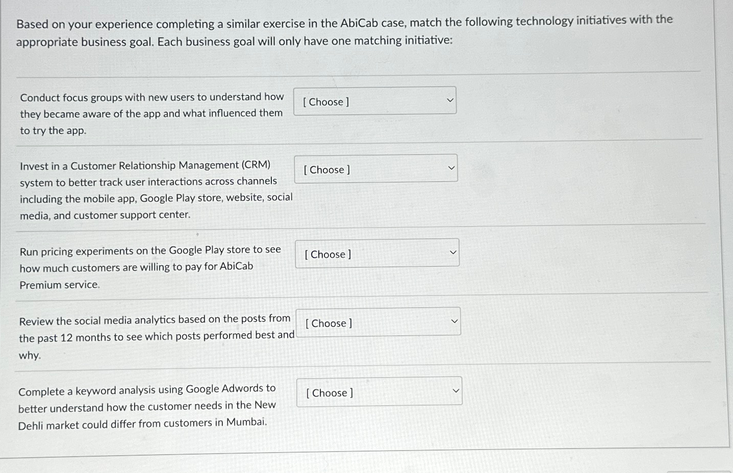  Based on your experience completing a similar exercise in the AbiCab