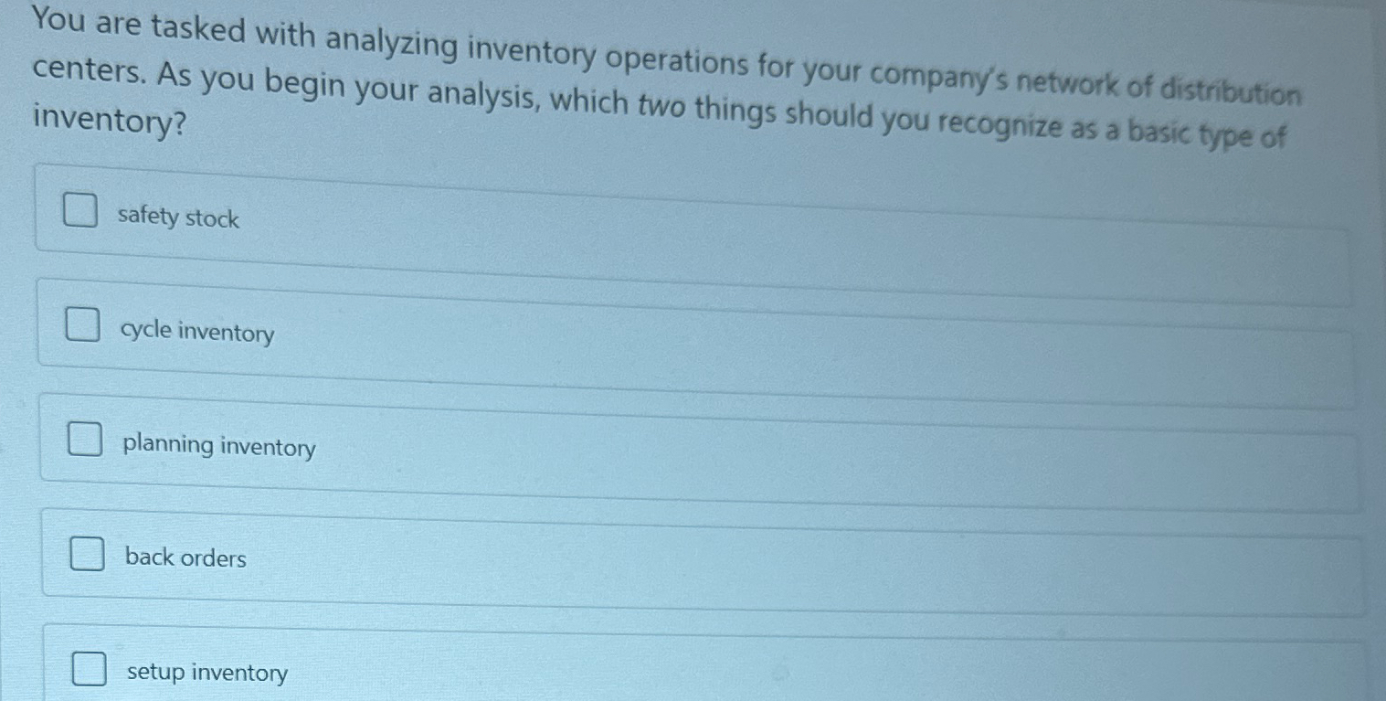  You are tasked with analyzing inventory operations for your company's network