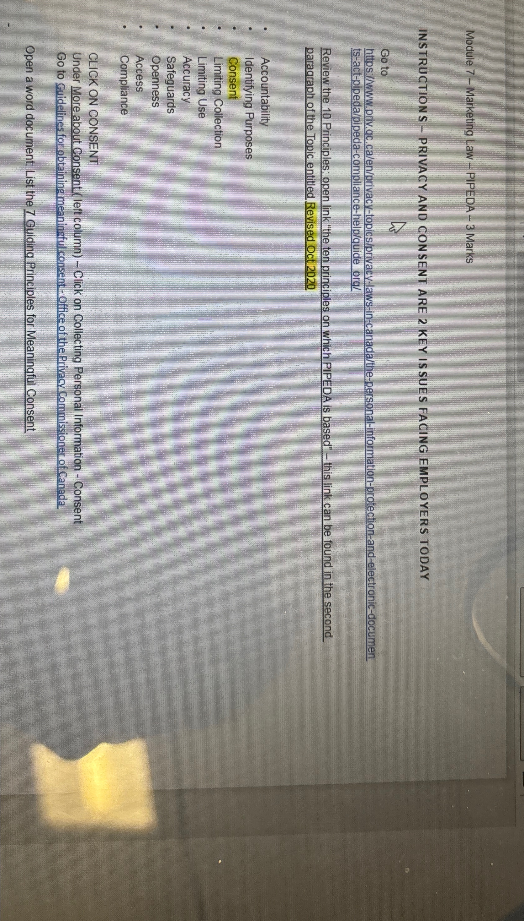  Module 7- Marketing Law - PIPEDA -3 Marks INSTRUCTIONS - PRIVACY