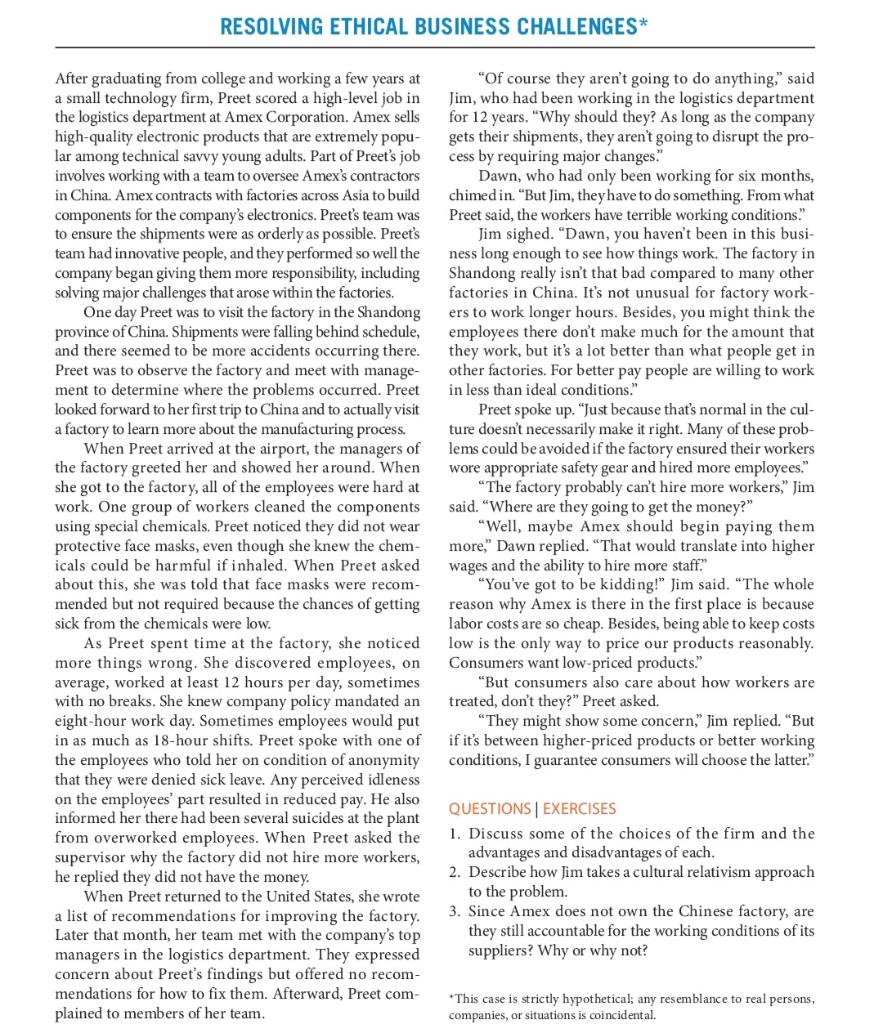 Read the Resolving Ethical Business Challenges case at the end of Chapter