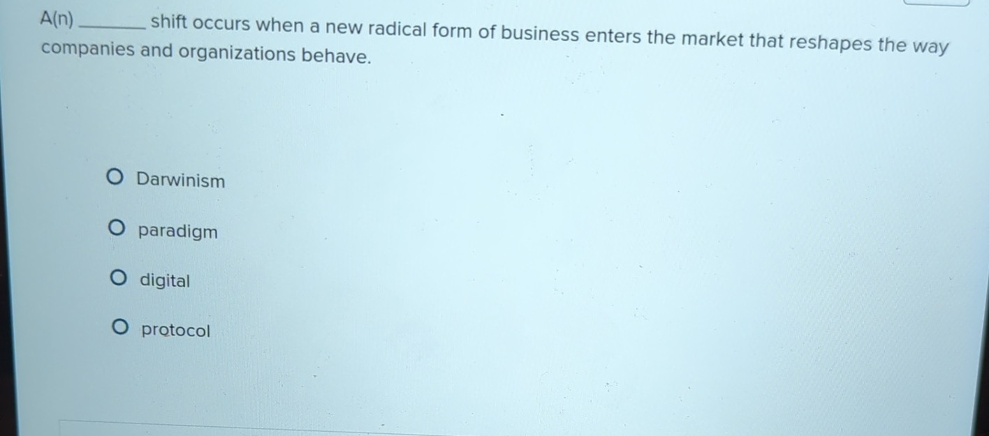  A(n) shift occurs when a new radical form of business enters