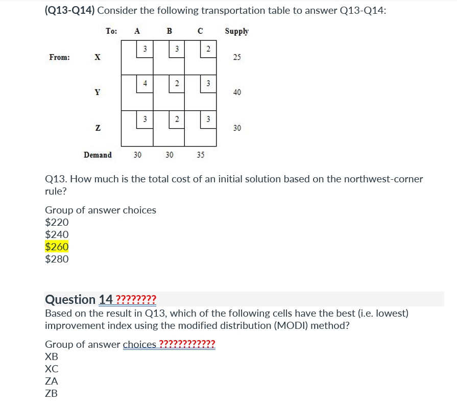 (Q13-Q14) Consider the following transportation table to answer Q13-Q14: Q13. How