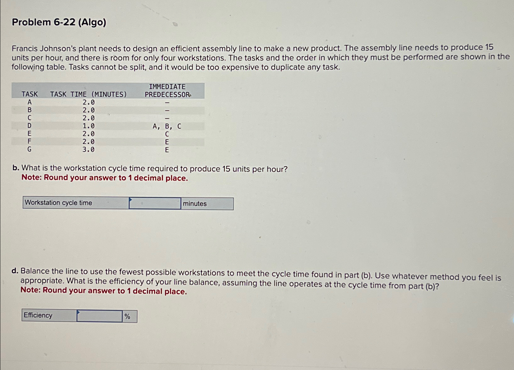  Problem 6-22(Algo) Francis Johnson's plant needs to design an efficient assembly
