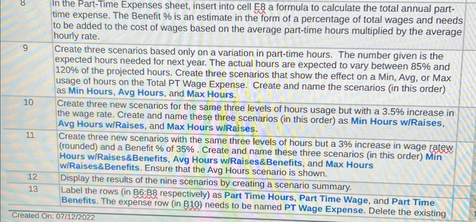  In the Part-Time Expenses sheet, insert into cell E8 a formula