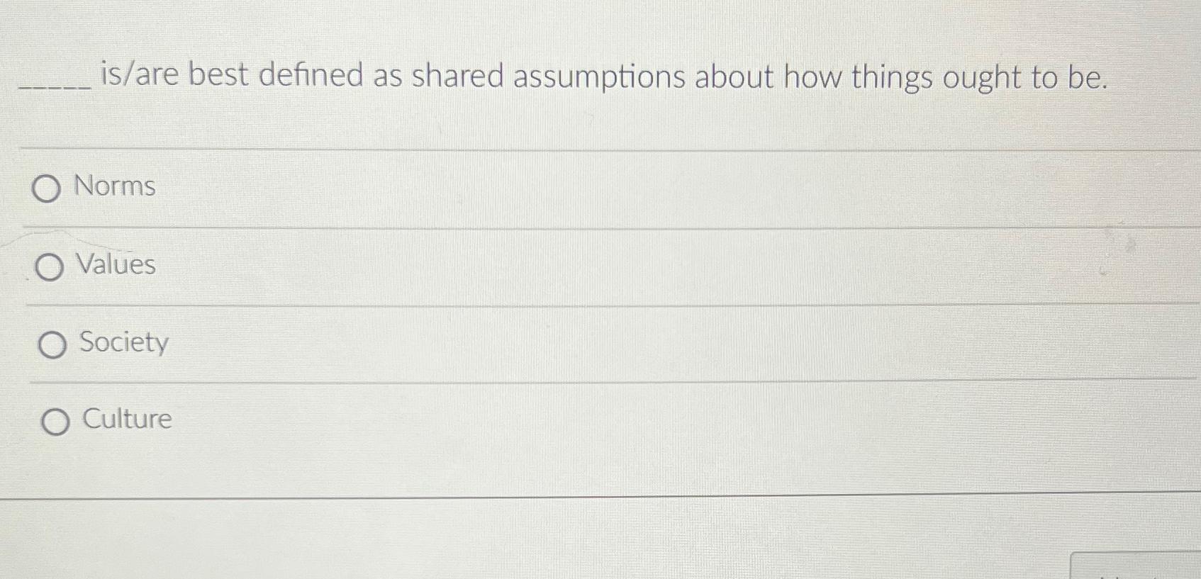  is/are best defined as shared assumptions about how things ought to