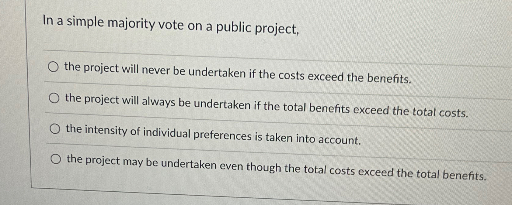  In a simple majority vote on a public project, the project