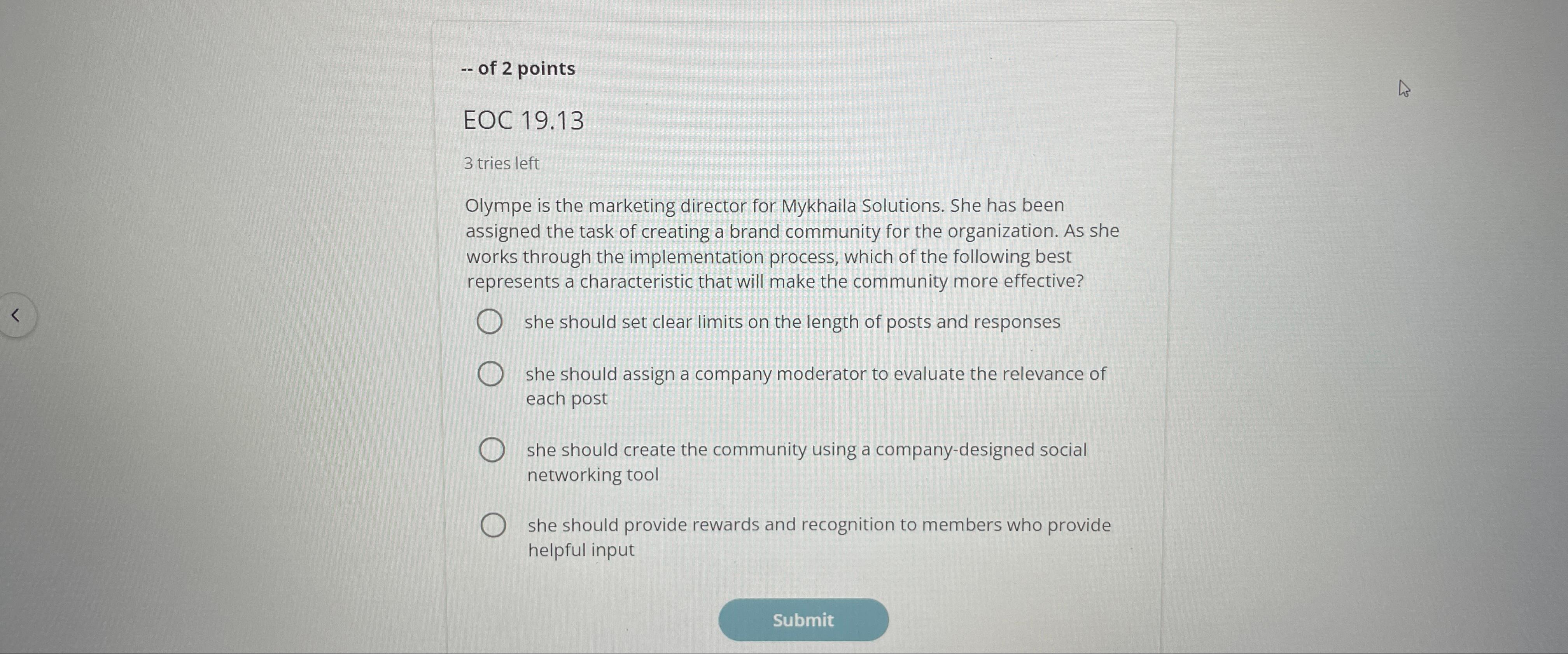  -- of 2 points EOC 19.13 3 tries left Olympe is