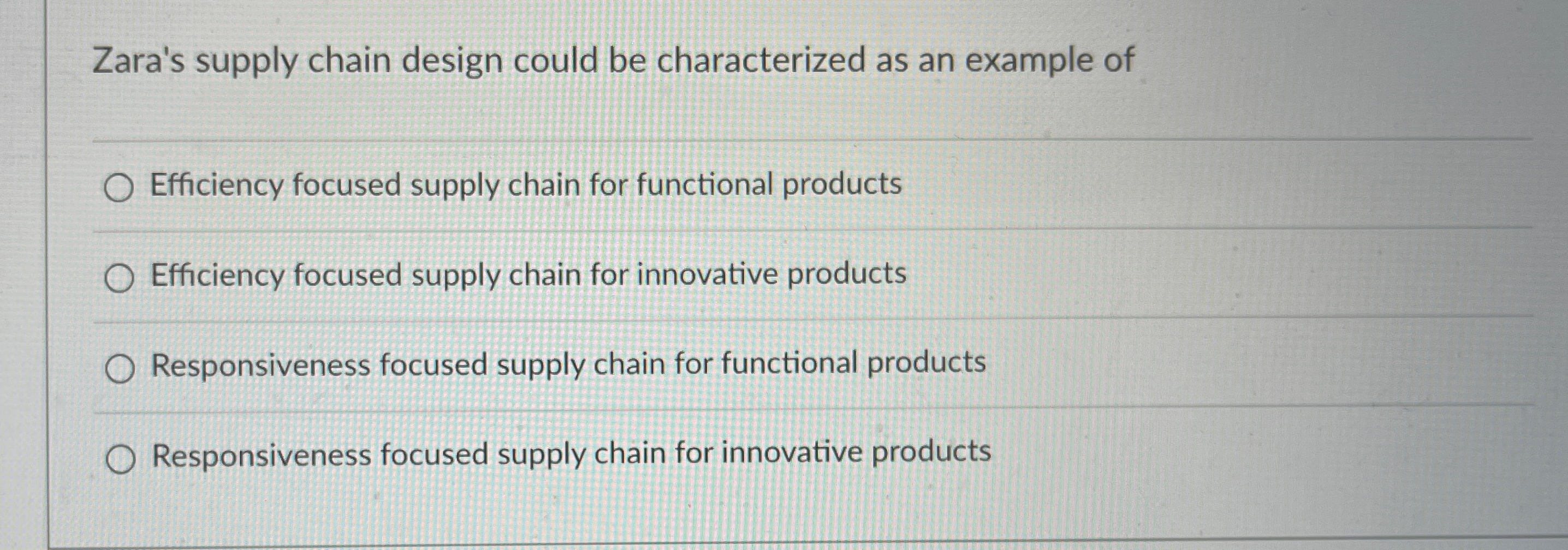  Zara's supply chain design could be characterized as an example of