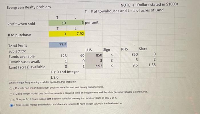  Which Integer Programming model is applied to this problem? a. Discrete
