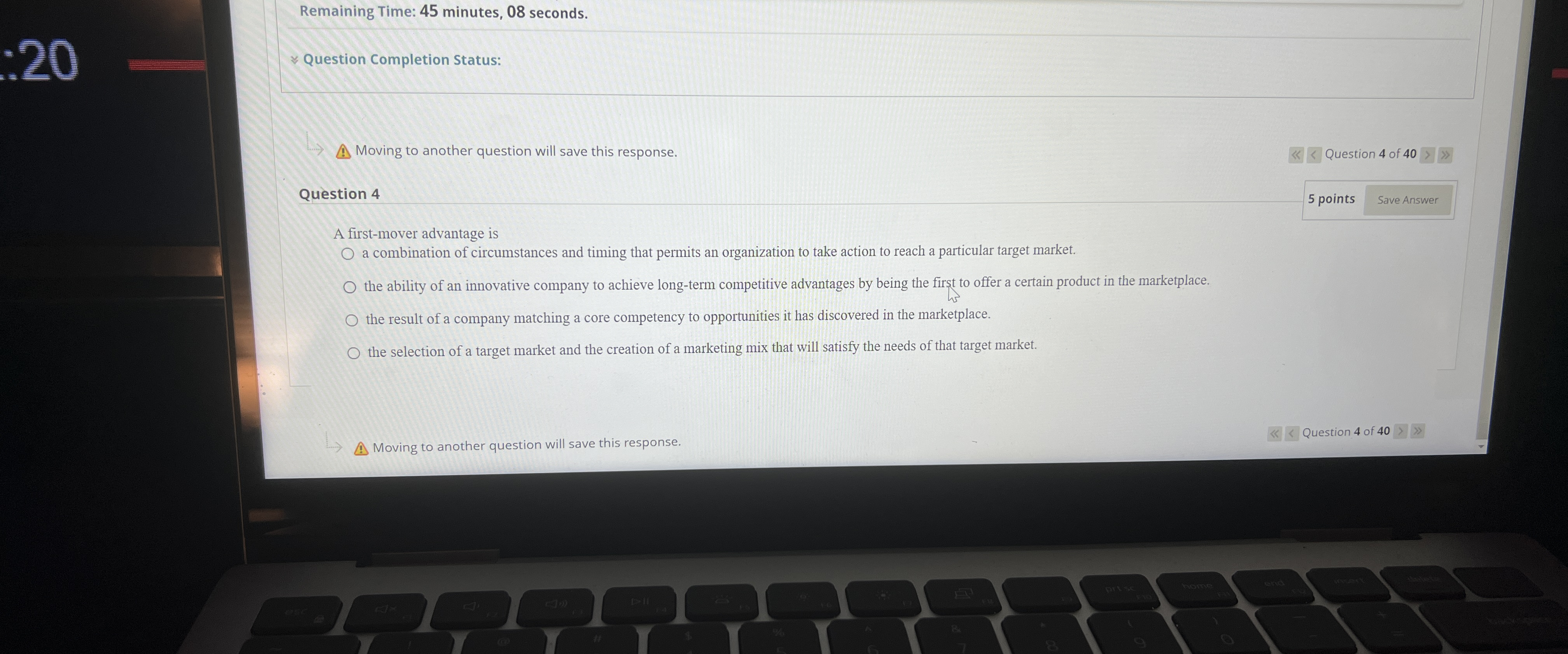  Remaining Time: 45 minutes, 08 seconds. ~~ Question Completion Status: A.