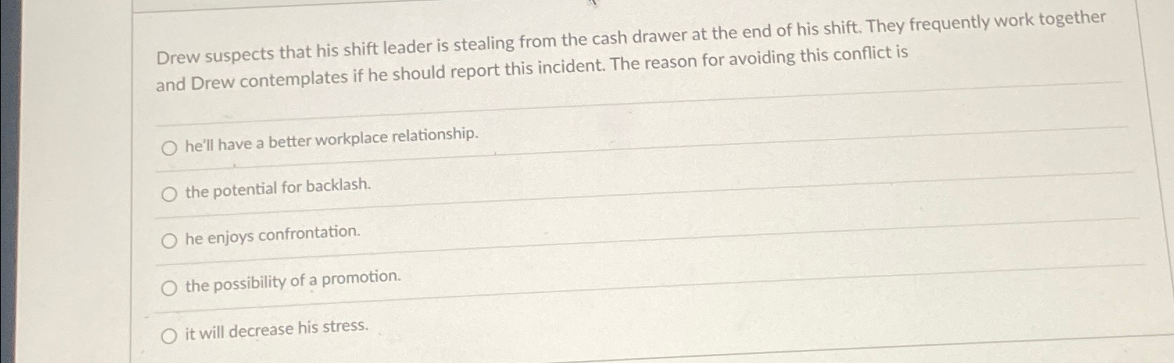  Drew suspects that his shift leader is stealing from the cash