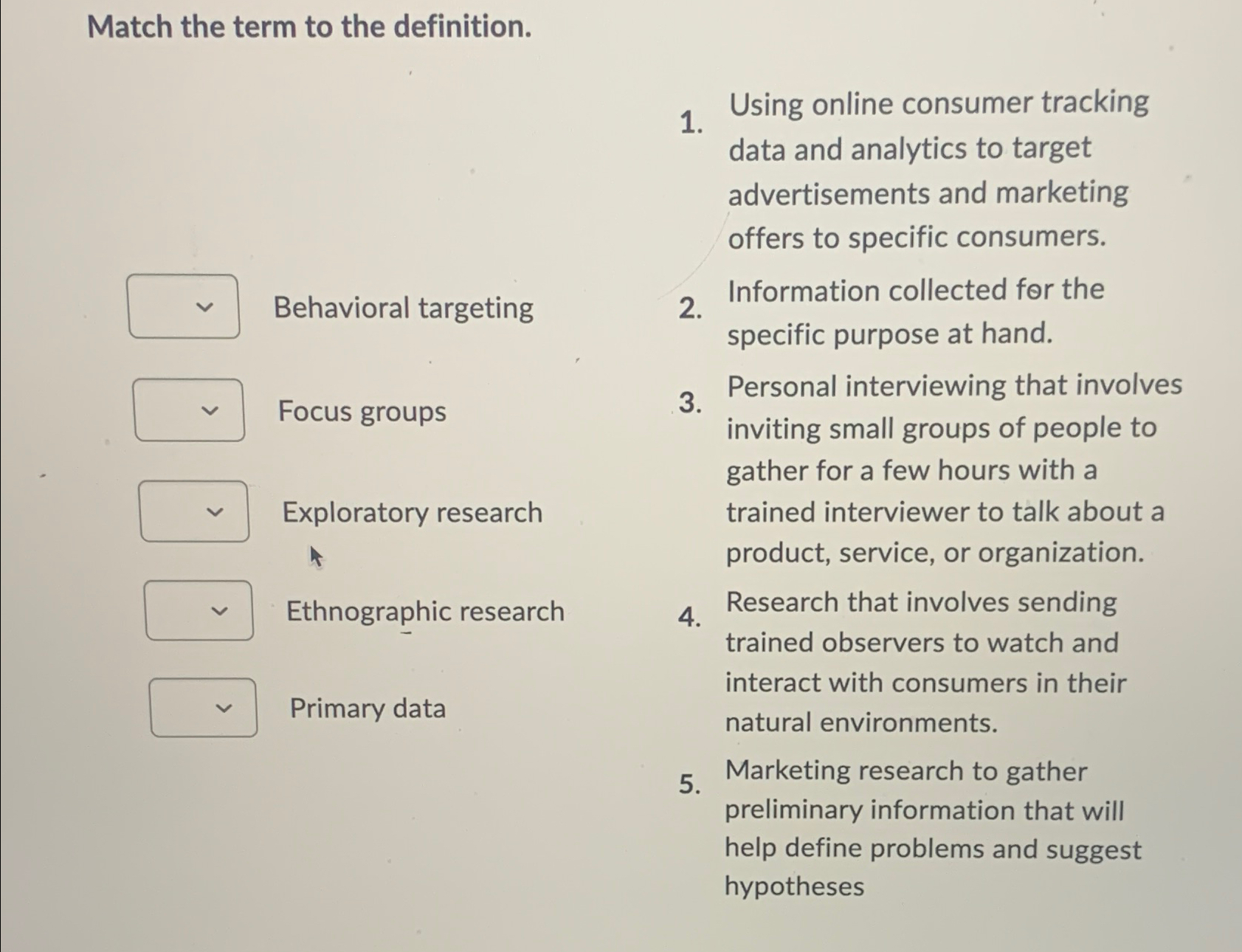  Match the term to the definition. Using online consumer tracking data