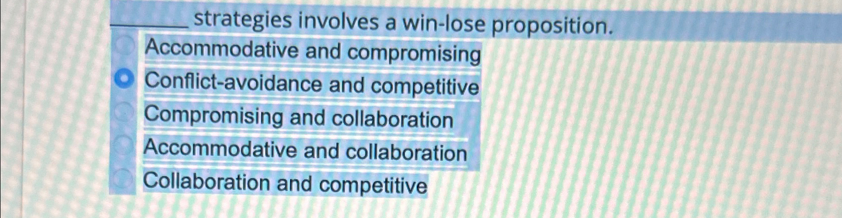 strategies involves a win-lose proposition. Accommodative and compromising Conflict-avoidance and competitive