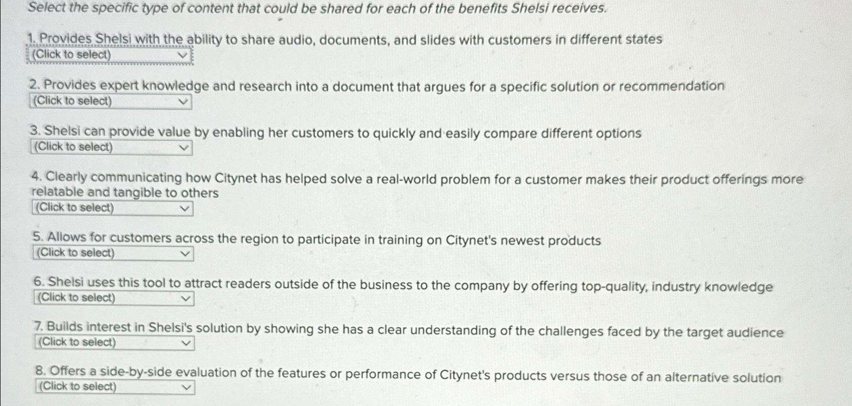  Select the specific type of content that could be shared for