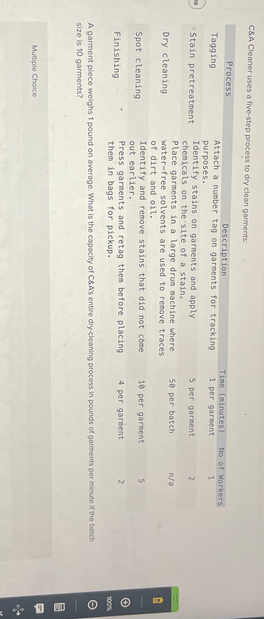  C&A Cleaner uses a five-step process to dry clean garments: \table[[Process,Description,Time