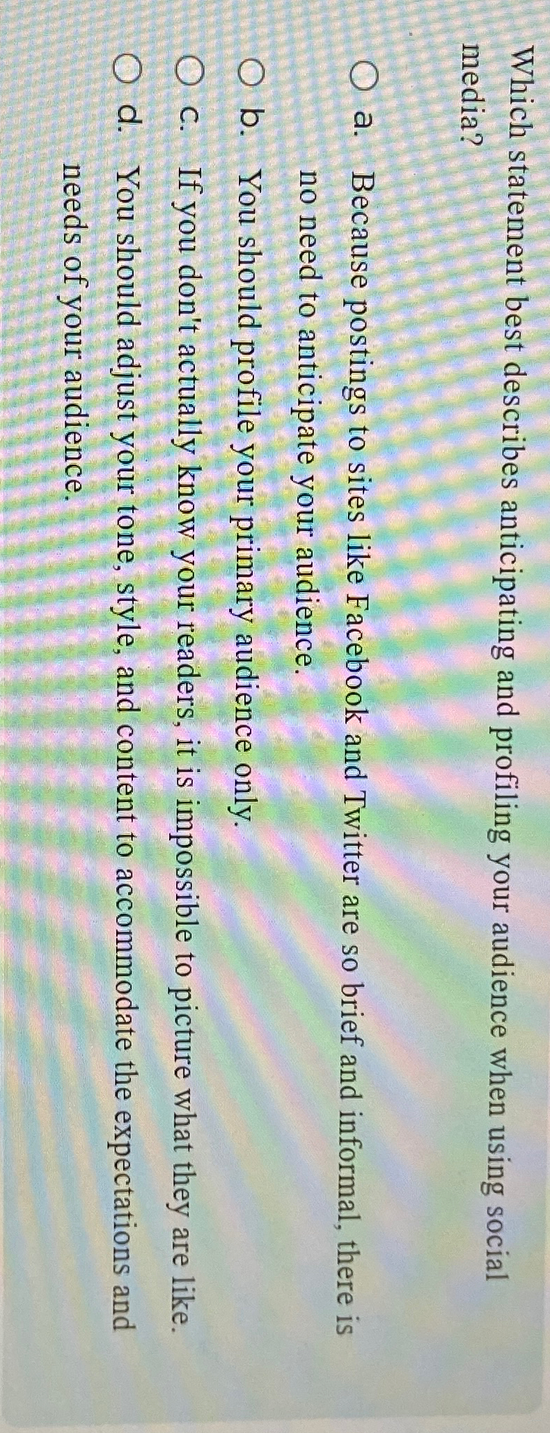  Which statement best describes anticipating and profiling your audience when using