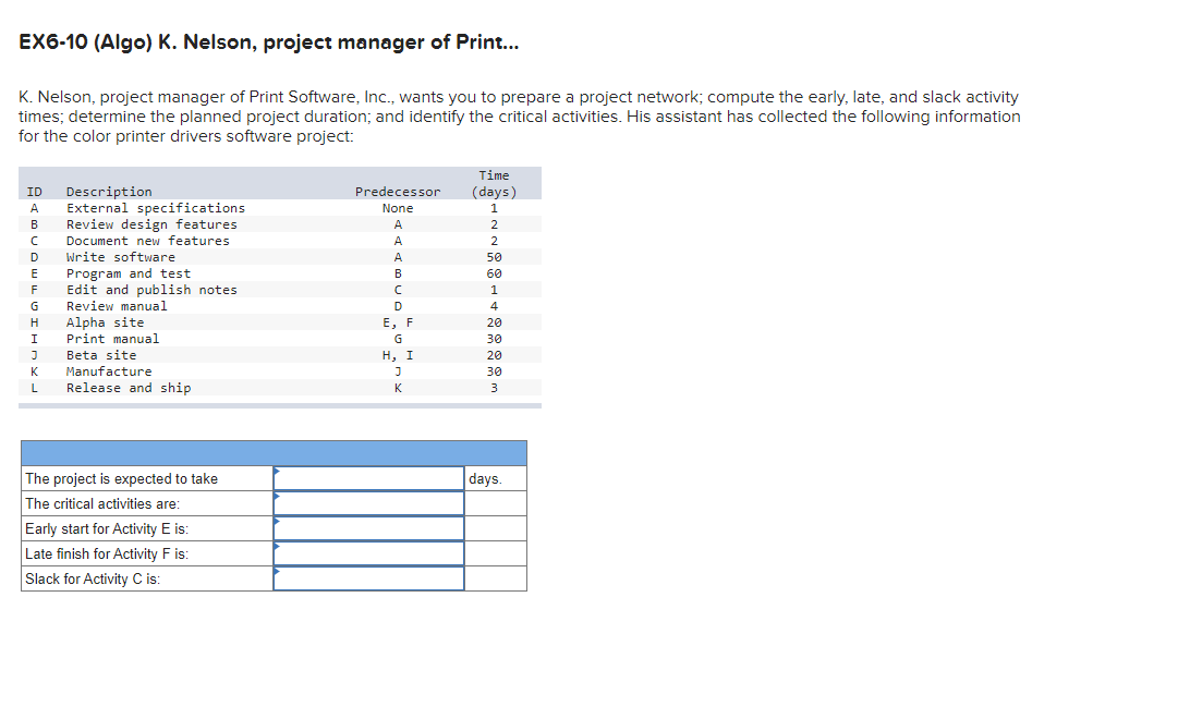  EX6-10(Algo) K. Nelson, project manager of Print... K. Nelson, project manager
