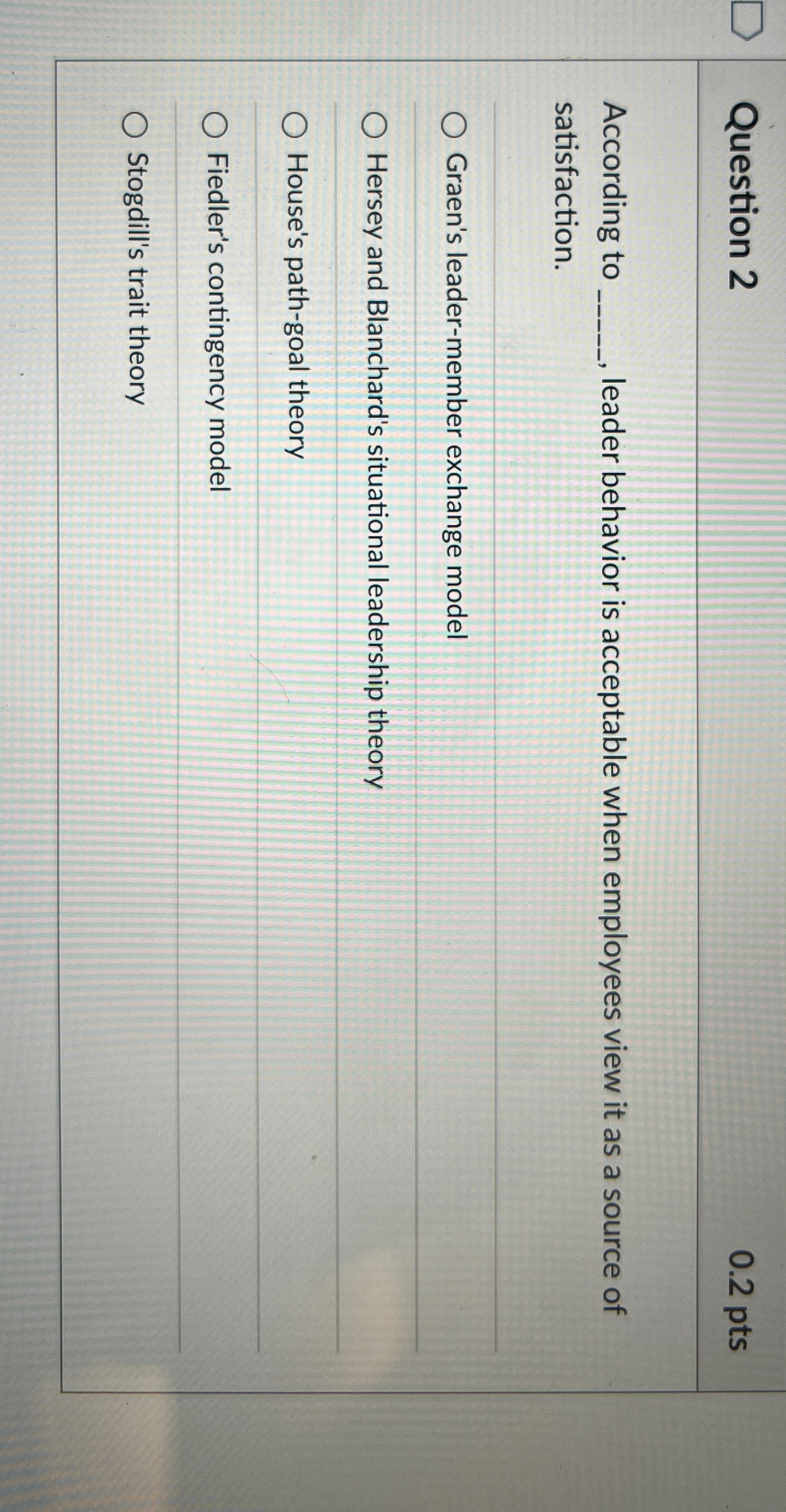  Question 2 0.2 pts According to leader behavior is acceptable when