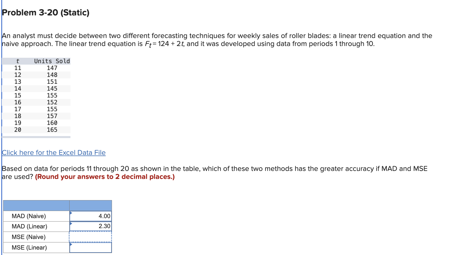  Problem 3-20(Static) An analyst must decide between two different forecasting techniques