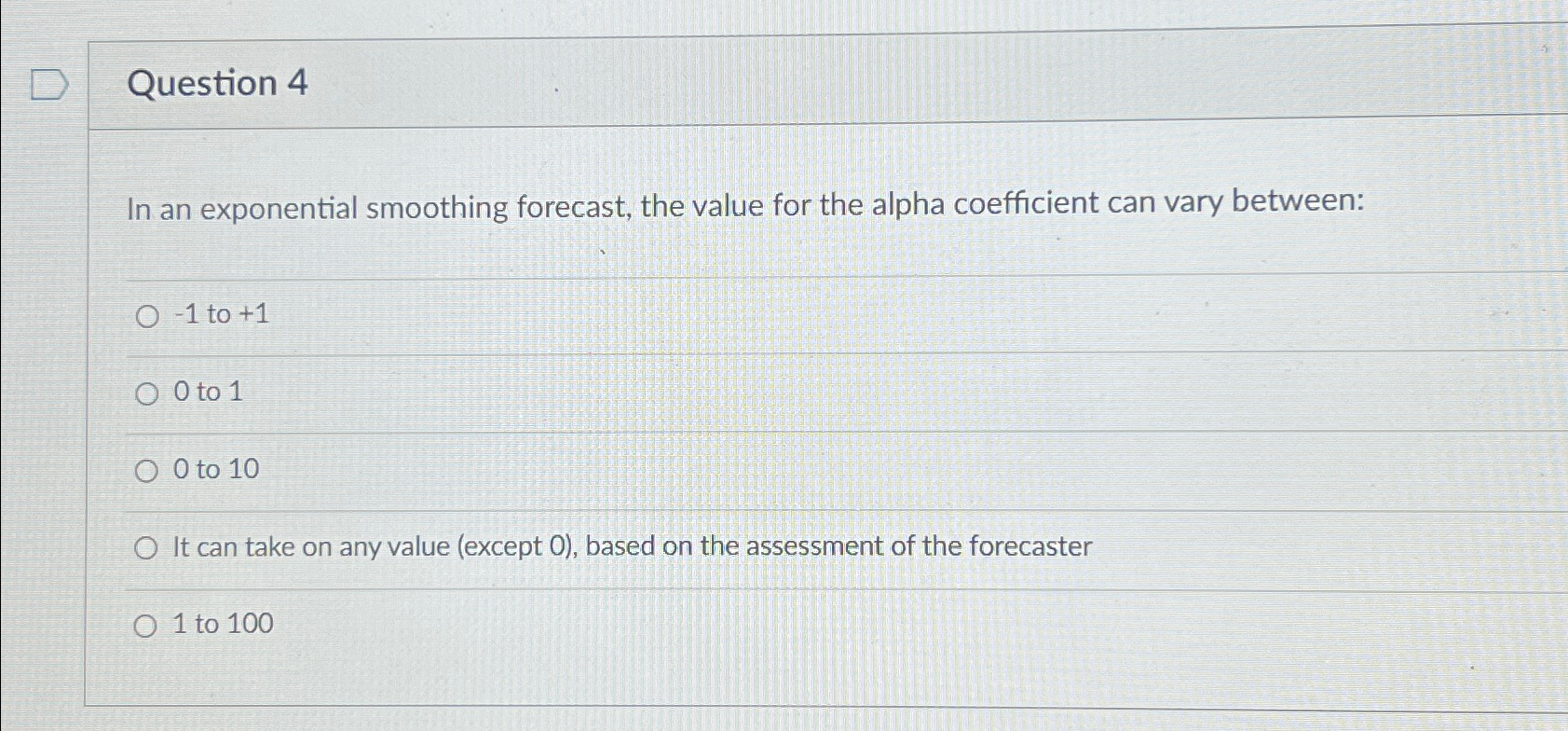  Question 4 In an exponential smoothing forecast, the value for the