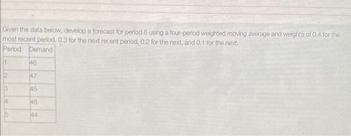  Given the data below, develop a forecast for penod 6 using