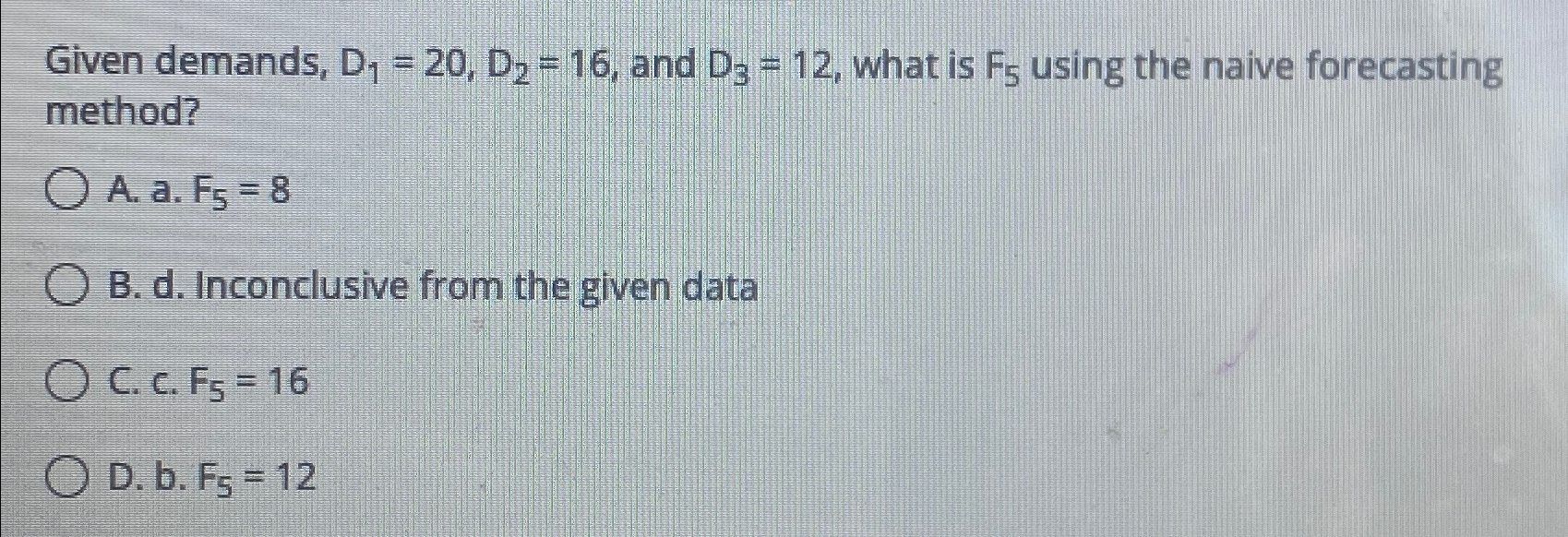  Given demands, D1=20,D2=16, and D3=12, what is F5 using the naive
