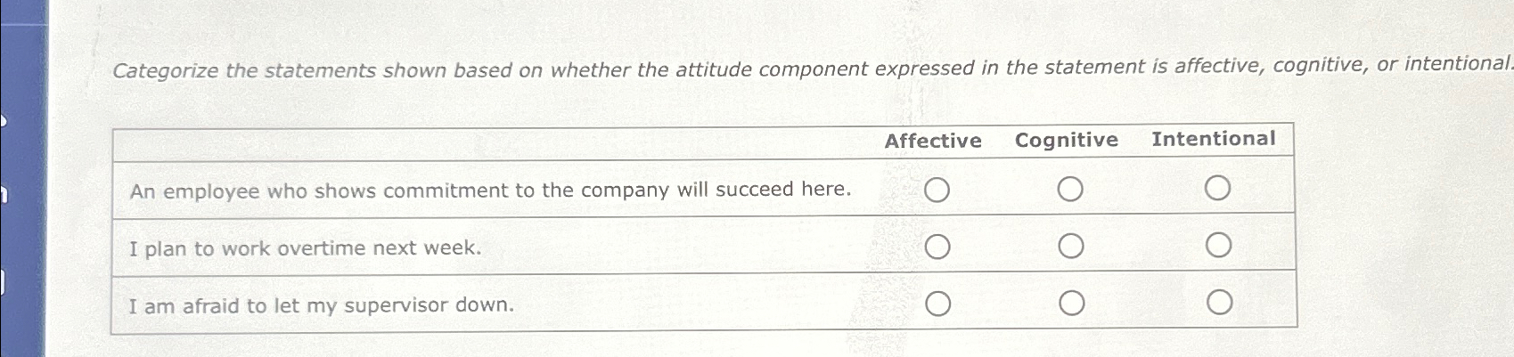  Categorize the statements shown based on whether the attitude component expressed
