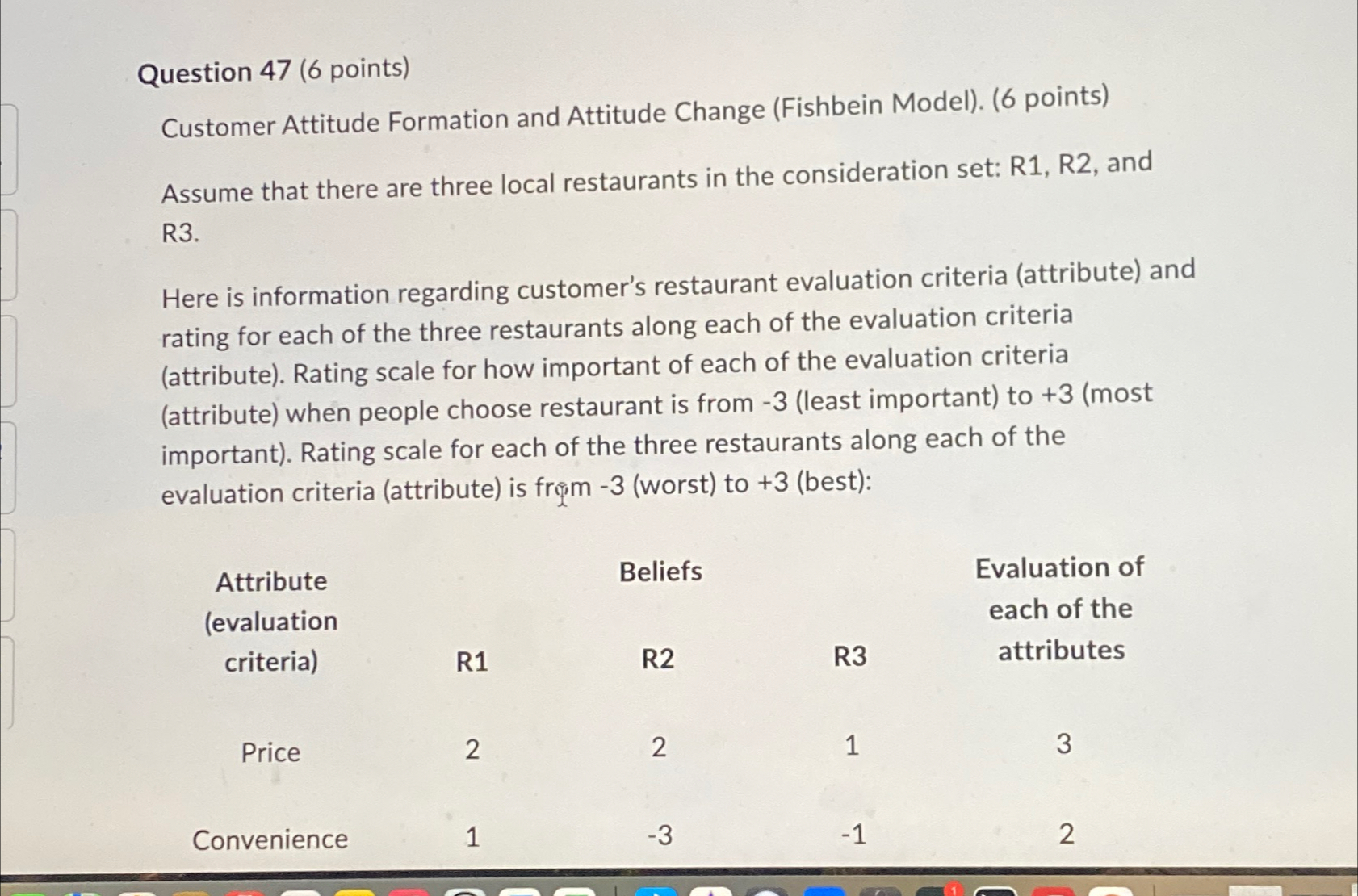  Question 47(6 points) Customer Attitude Formation and Attitude Change (Fishbein Model).(6
