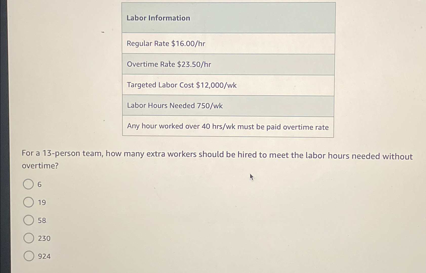  Labor Information Regular Rate $16.00hr Overtime Rate $23.50hr Targeted Labor Cost