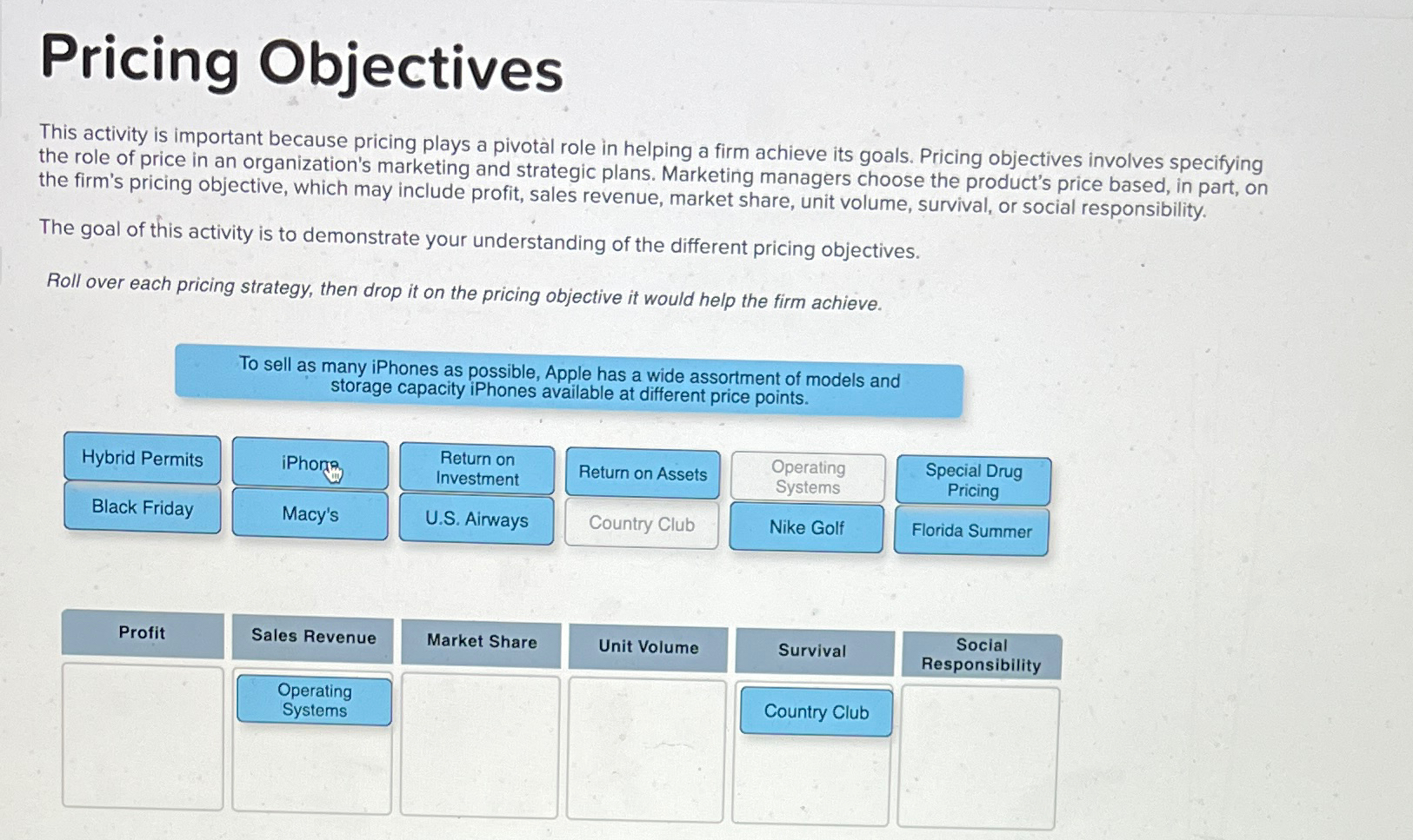  Pricing Objectives This activity is important because pricing plays a pivotal