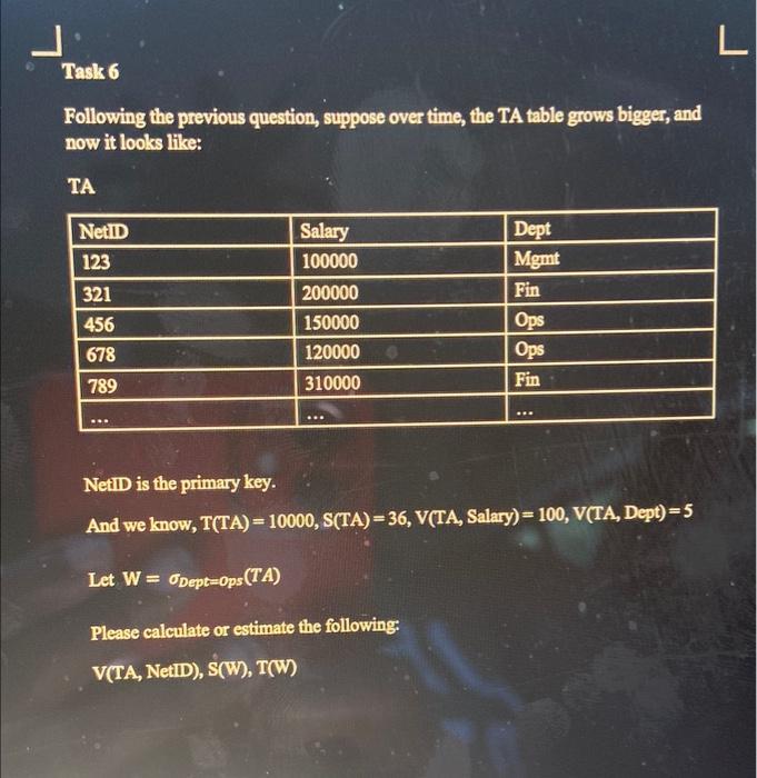  Following the previous question, suppose over time, the TA table grows