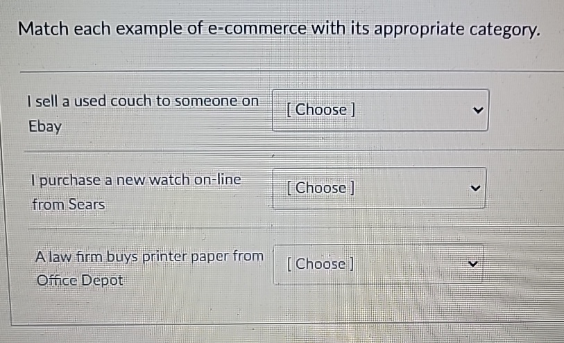  Match each example of e-commerce with its appropriate category. I sell