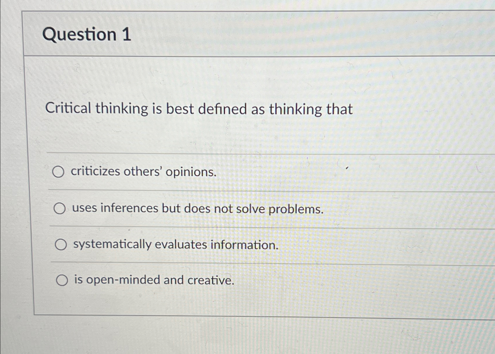  Question 1 Critical thinking is best defined as thinking that criticizes